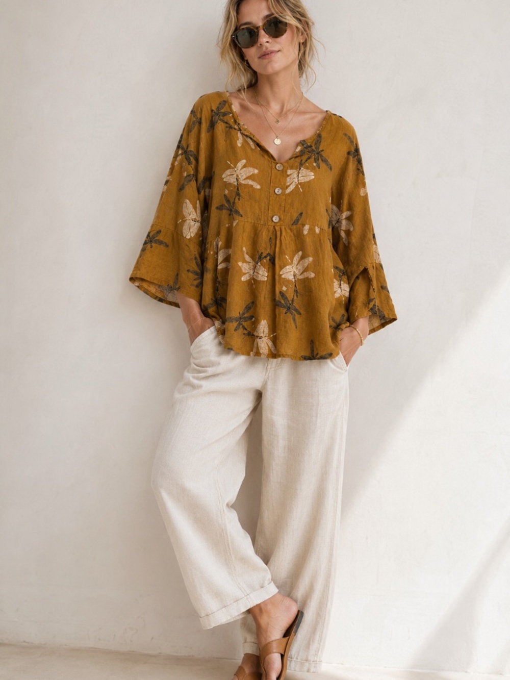 Viola Borghi 100% Linen Dragonfly Print Mustard Top 3/4 Sleeves Boho SZ M Italy